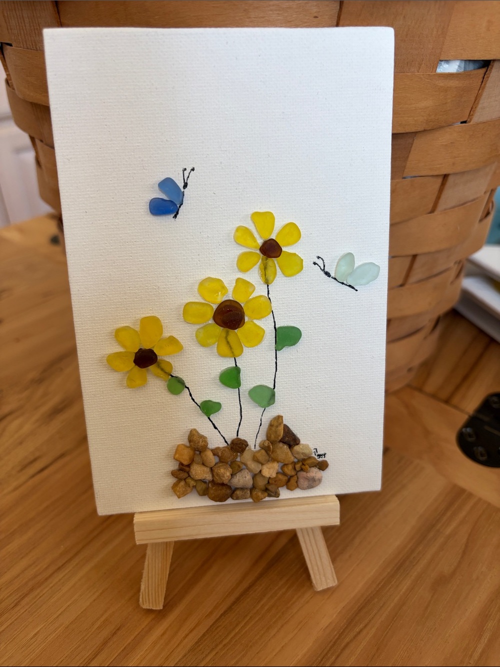 Handmade Yellow Seaglass Flower Art on Canvas. Easel included